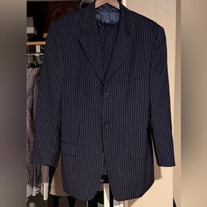 Men's Navy Bachrach Pinstripe 3-button suit.